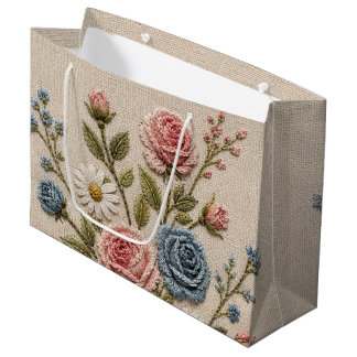 Blush & Blue Embroidered Roses Large Gift Bag