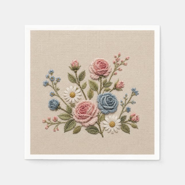 Blush & Blue Embroidered Roses Napkin (Front)