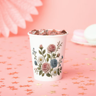 Blush & Blue Embroidered Roses Paper Cups