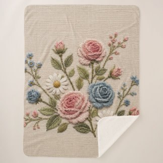 Blush & Blue Embroidered Roses Sherpa Blanket
