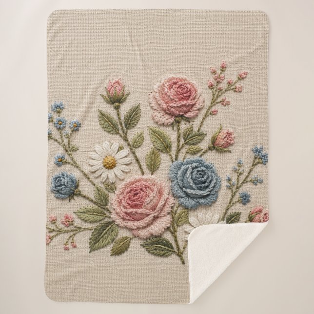 Blush & Blue Embroidered Roses Sherpa Blanket (Front)