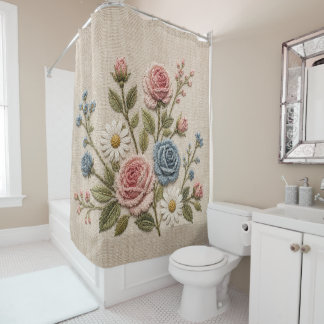 Blush & Blue Embroidered Roses Shower Curtain