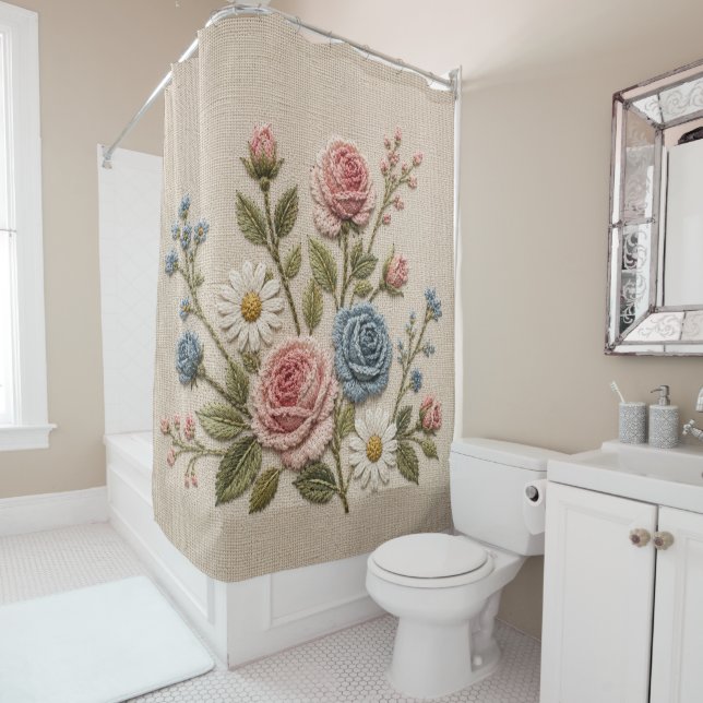 Blush & Blue Embroidered Roses Shower Curtain (In Situ)