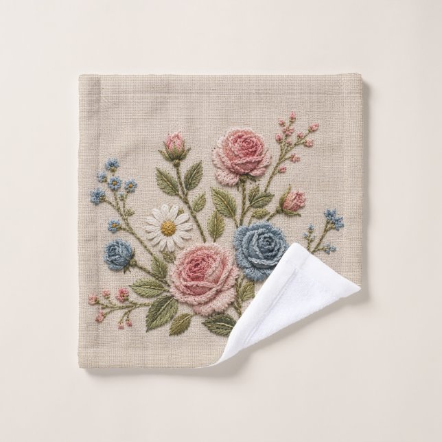 Blush & Blue Embroidered Roses Wash Cloth (Wash Cloth)