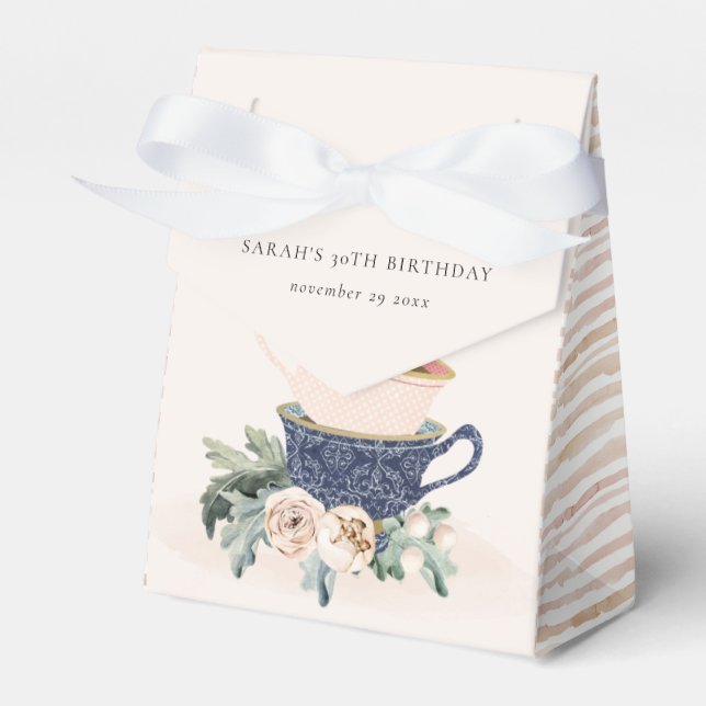 Blush Blue Flora Stacked Tea Cups Any Age Birthday Favour Box (Front Side)