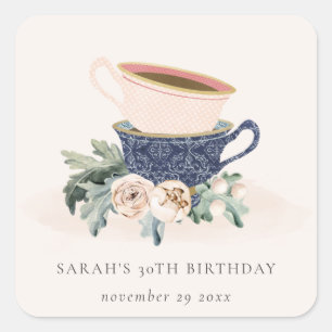 Blush Blue Flora Stacked Tea Cups Any Age Birthday Square Sticker