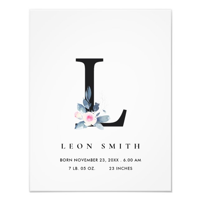 BLUSH BLUE FLORAL ALPHABET NAME L BABY BIRTH STATS PHOTO PRINT (Front)