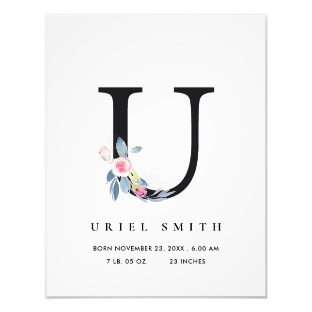 BLUSH BLUE FLORAL ALPHABET NAME U BABY BIRTH STATS PHOTO PRINT (Front)