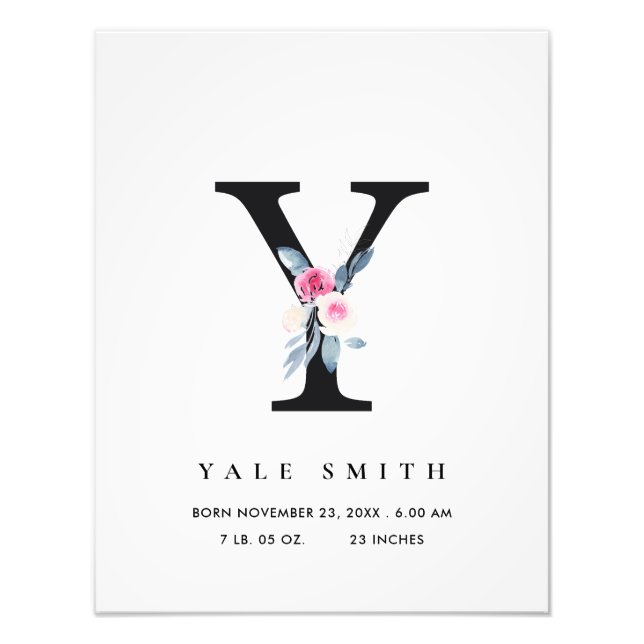 BLUSH BLUE FLORAL ALPHABET NAME Y BABY BIRTH STATS PHOTO PRINT (Front)
