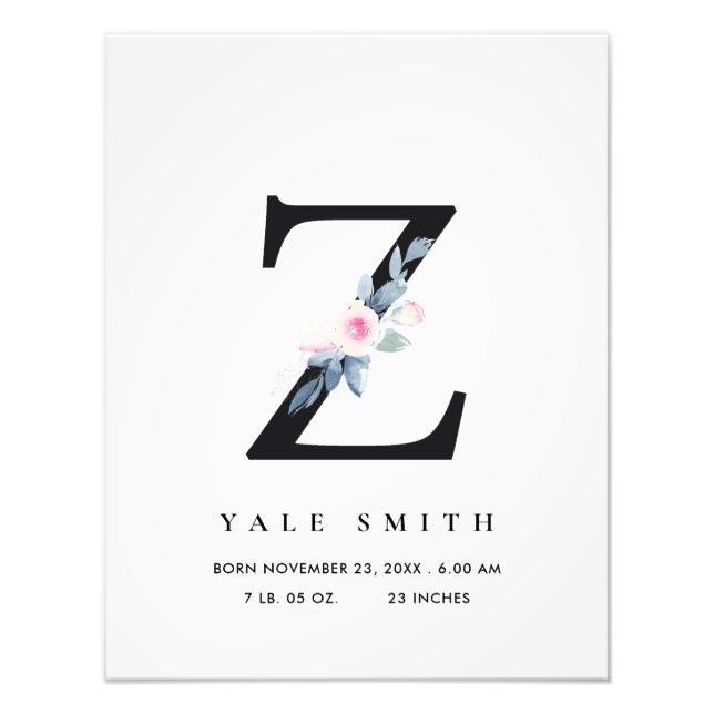 BLUSH BLUE FLORAL ALPHABET NAME Z BABY BIRTH STATS PHOTO PRINT (Front)