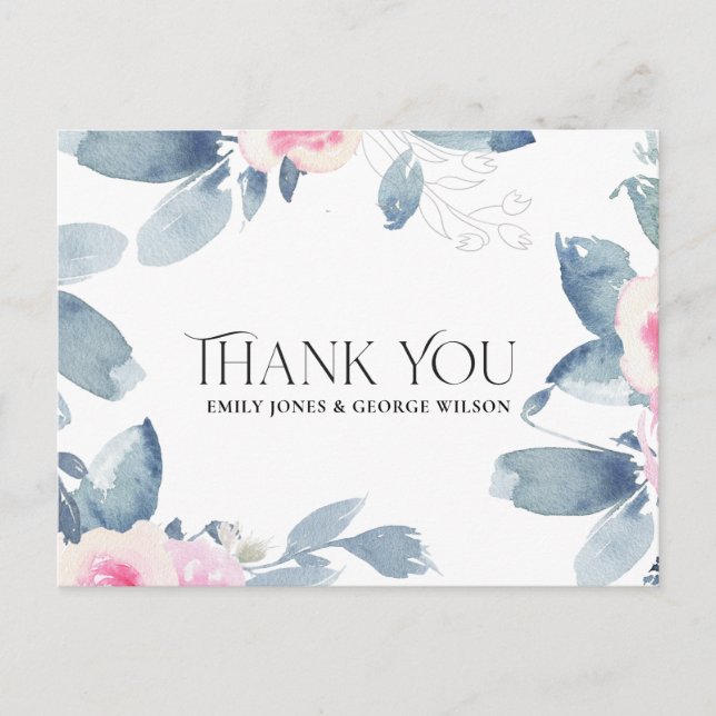 BLUSH BLUE FLORAL ANY YEAR ANNIVERSARY THANK YOU ANNOUNCEMENT POSTCARD (Front)