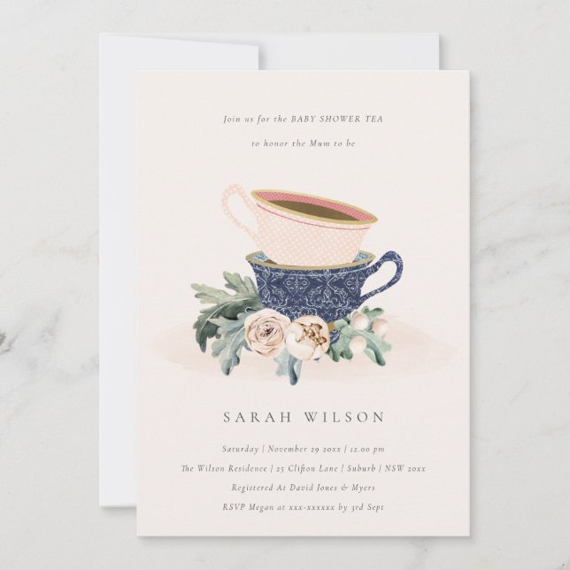 Blush Blue Floral Baby Shower Tea Party Invite (Front)