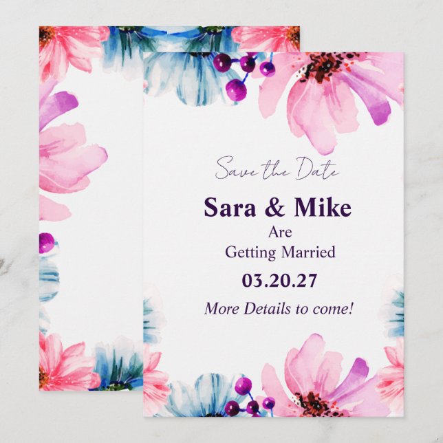 Blush & Blue Floral Save the Date Card  (Front/Back)
