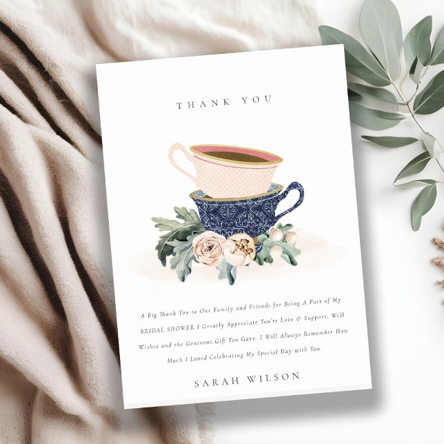 Blush Blue Floral Stacked Tea Cups Bridal Shower Thank You Card (Creator Uploaded)