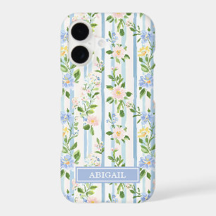 Blush Blue Floral Watercolor Striped Personalised