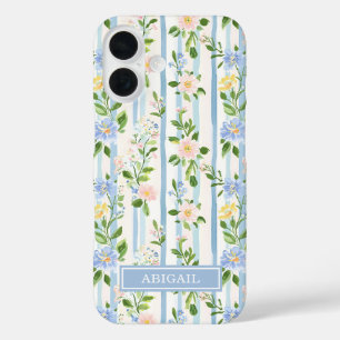 Blush Blue Floral Watercolor Striped Personalised iPhone 16 Case