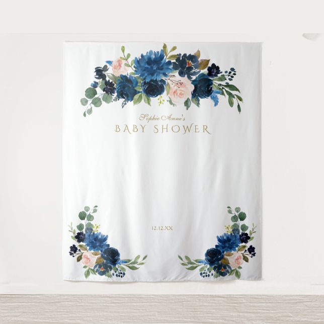 Blush Blue Flowers Birthday Photo Booth Prop Tapestry (Front)