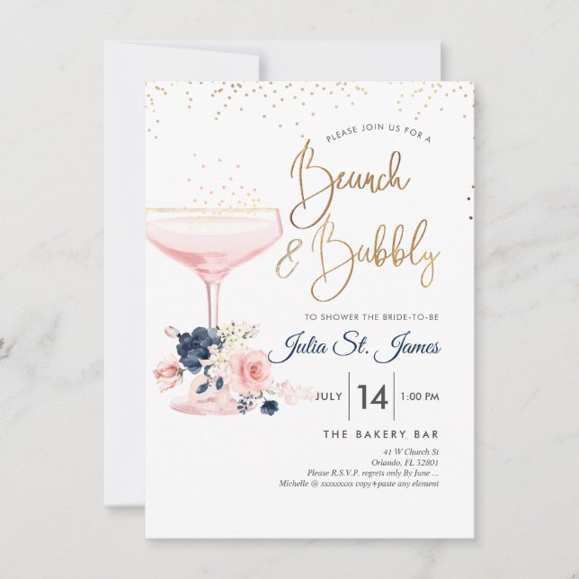 Blush+Blue Flowers Brunch Bubbly Pink Champagne Invitation (Front)