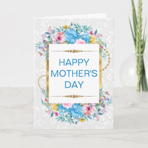 Blush & Blue Flowers & Gold Glitter Mother's Day Card