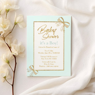 Blush blue gold glitter bow Boy Baby Shower Invitation