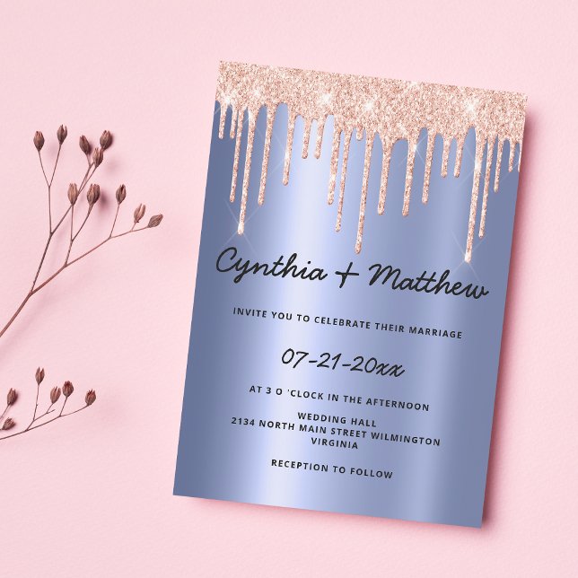 Blush blue gradient rose gold glitter drip wedding invitation (Blush blue gradient rose gold glitter drip wedding)