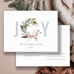 Blush Blue Green Winter Christmas Wreath Holiday Postcard