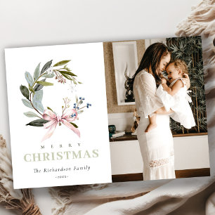 Blush Blue Green Winter Christmas Wreath Photo Holiday Card
