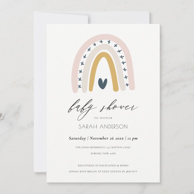 BLUSH BLUE HEART RAINBOW BABY SHOWER INVITE (Front)