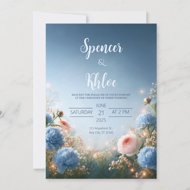 Blush Blue Meadow Border Wedding Invitation (Front)