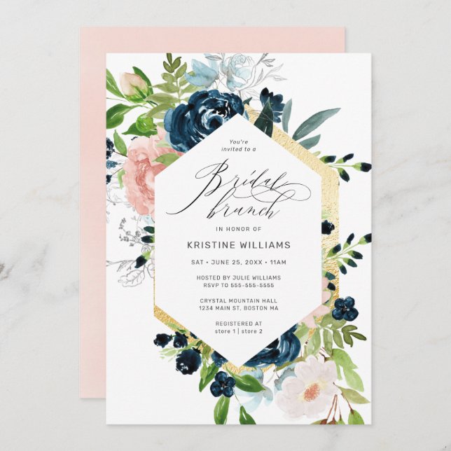 Blush Blue Rose Watercolor Floral Bridal Brunch Invitation (Front/Back)