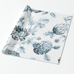 Blush Blue Vintage Botanical Floral Toile Wrapping Paper