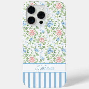 Blush Blue Watercolor Floral Monogrammed iPhone 15 Pro Max Case