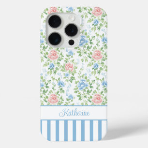 Blush Blue Watercolor Floral Monogrammed iPhone 15 Pro Case