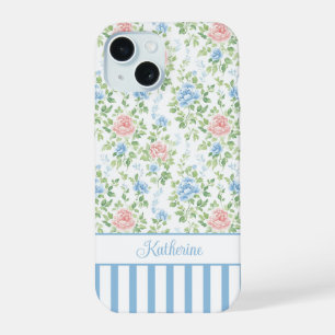 Blush Blue Watercolor Floral Monogrammed iPhone 15 Case