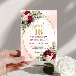 Blush Boho Burgundy Gold Floral Sweet Sixteen  Invitation