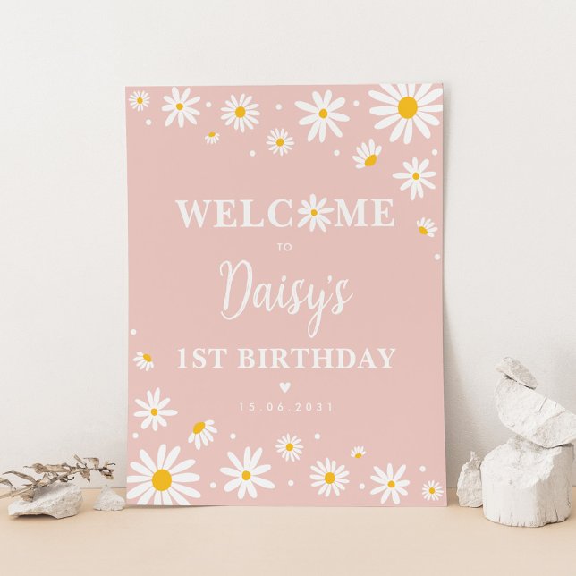 Blush Boho Daisy Floral Girl 1st Birthday Welcome Poster (Creator Uploaded)