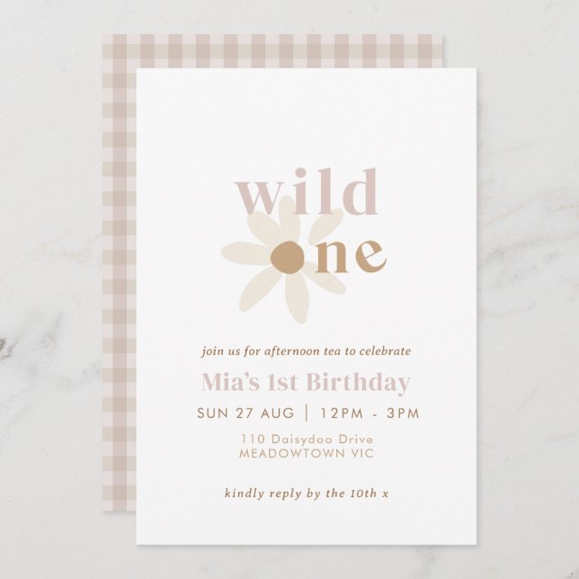 Blush Boho Daisy Retro First Birthday Invitation (Front/Back)