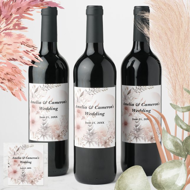 Blush Boho Dried Floral Custom Wedding  Wine Label (Set the tone for your romantic celebration with our elegant boho blush & beige wedding suite)