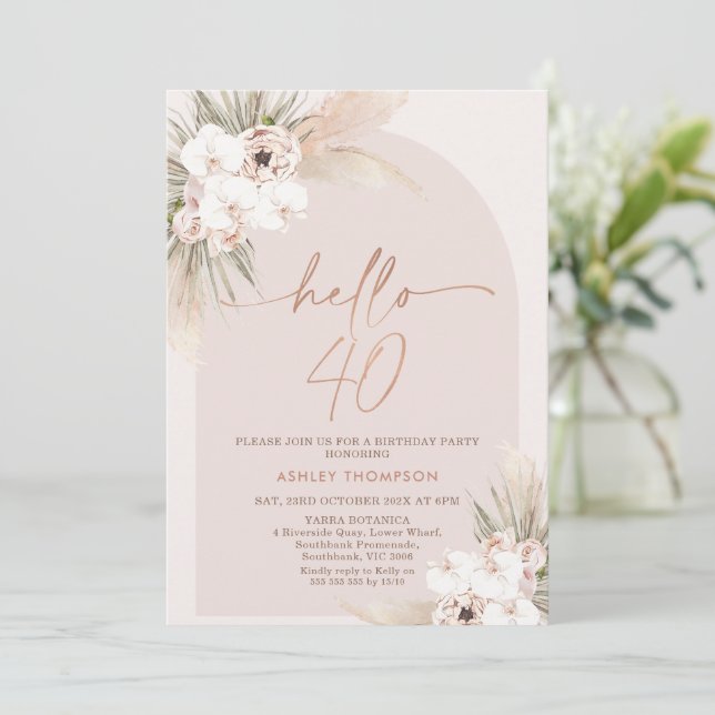 Blush Boho Floral Arch 40th Birthday Invitation (Standing Front)