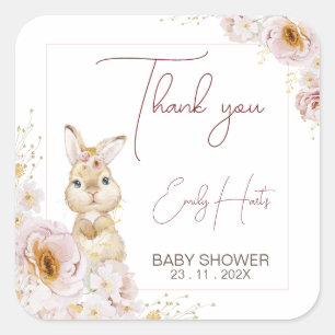 Blush Boho Floral Bunny Baby Shower Thank You  Square Sticker