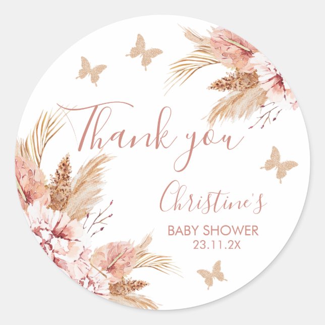 Blush Boho Floral Butterfly Kisses Baby Shower Classic Round Sticker (Front)