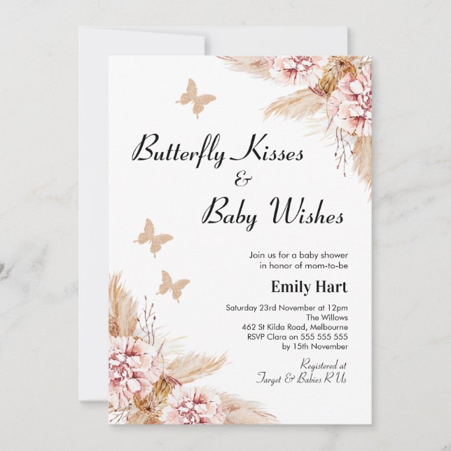 Blush Boho Floral Butterfly Kisses Baby Shower  Invitation (Front)