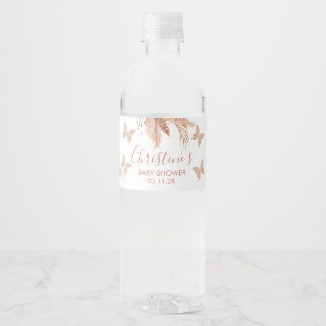 Blush Boho Floral Butterfly Kisses Baby Wishes Water Bottle Label (Front)