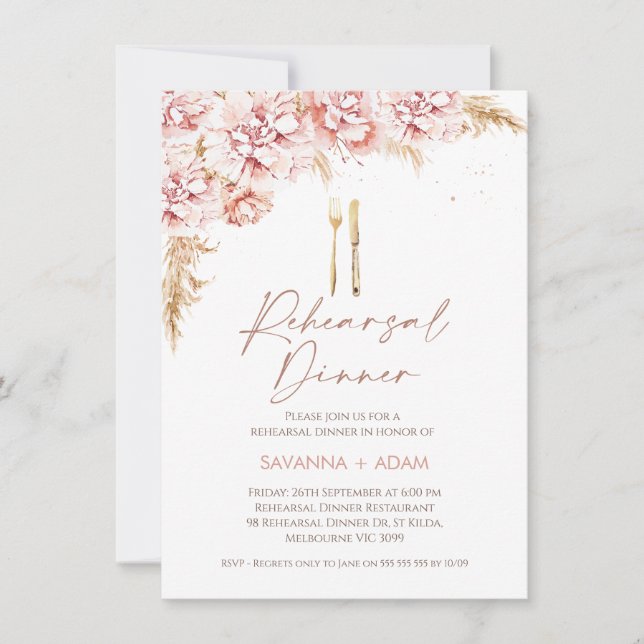 Blush Boho Floral Cutlery Rehearsal Dinner Invitation (Front)