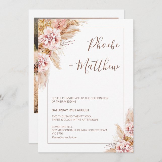 Blush Boho Floral Pampas Grass Wedding Invitation (Front/Back)