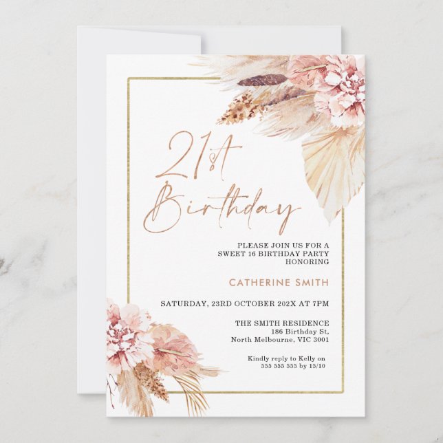 Blush Boho Pampas Grass 21st Birthday Invitation (Front)