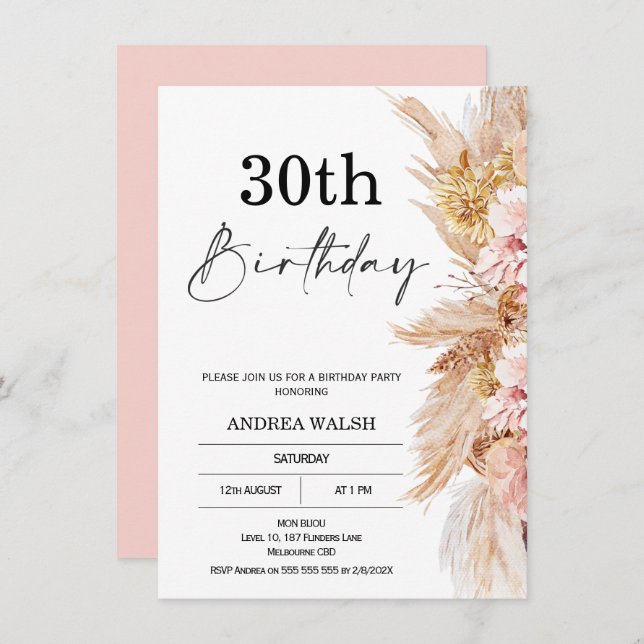 Blush Boho Pampas Grass 30th Birthday Invitation (Front/Back)