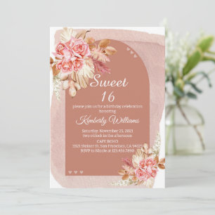 Blush Boho Pampas Grass Sweet 16 Birthday Invitation