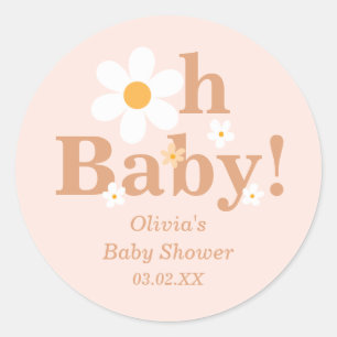 Blush Boho Retro Daisy Oh Baby Shower Classic Round Sticker