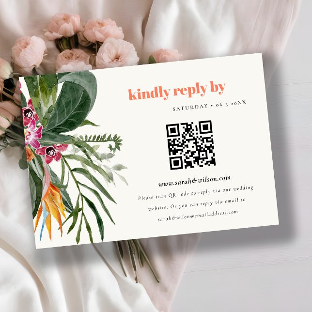 Blush Boho Tropical Floral Wedding QR Code RSVP Enclosure Card (Creator Uploaded)